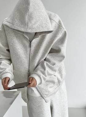 双头拉链卫衣 350克加绒重磅运动外套连帽秋冬开衫基础款灰色加厚