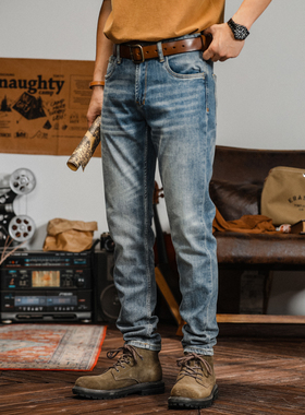 美式硬汉机车浅蓝色水洗牛仔裤男款秋冬合体直筒潮牌大码弹力长裤