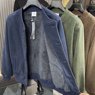 热推款~内里保暖长绒!秋冬男士纯色棒球领加厚摇粒绒夹克外套潮