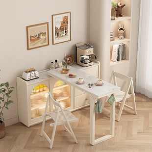 岛台家具源头工厂带餐边柜的餐桌靠墙一体伸缩折叠两用实木倒台桌