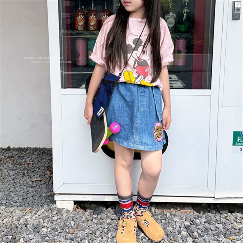 24春夏儿童裙子日系复古DD女孩贴标设计感牛仔半身裙A字短裙柔软