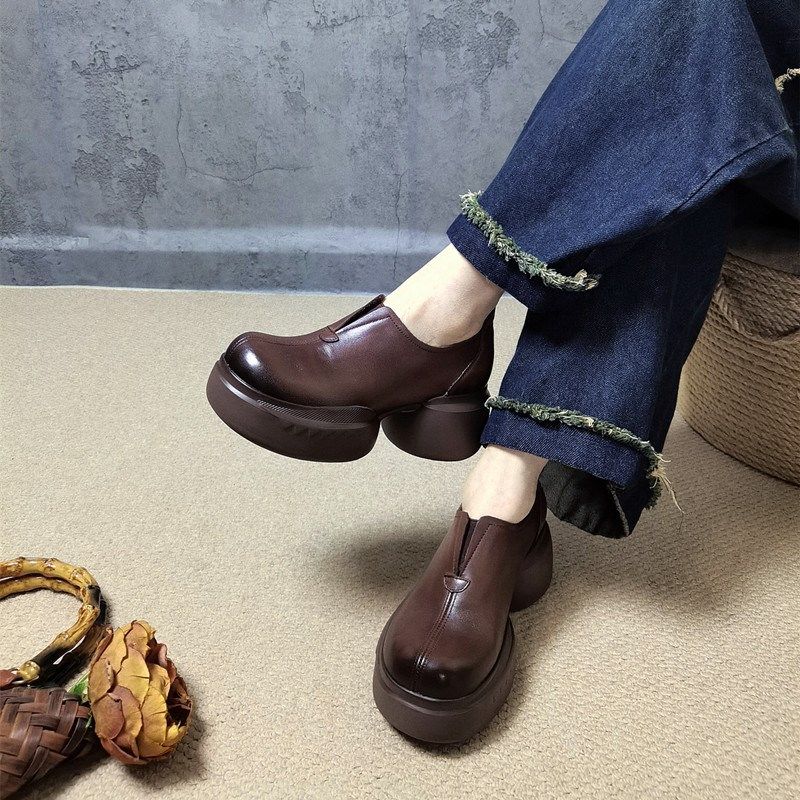 2025新款春秋深口单鞋厚底粗跟套脚百搭圆头鞋手工真皮复古女鞋子,女鞋,深口单鞋,淘宝优惠券,粉丝福利购,淘宝优惠卷