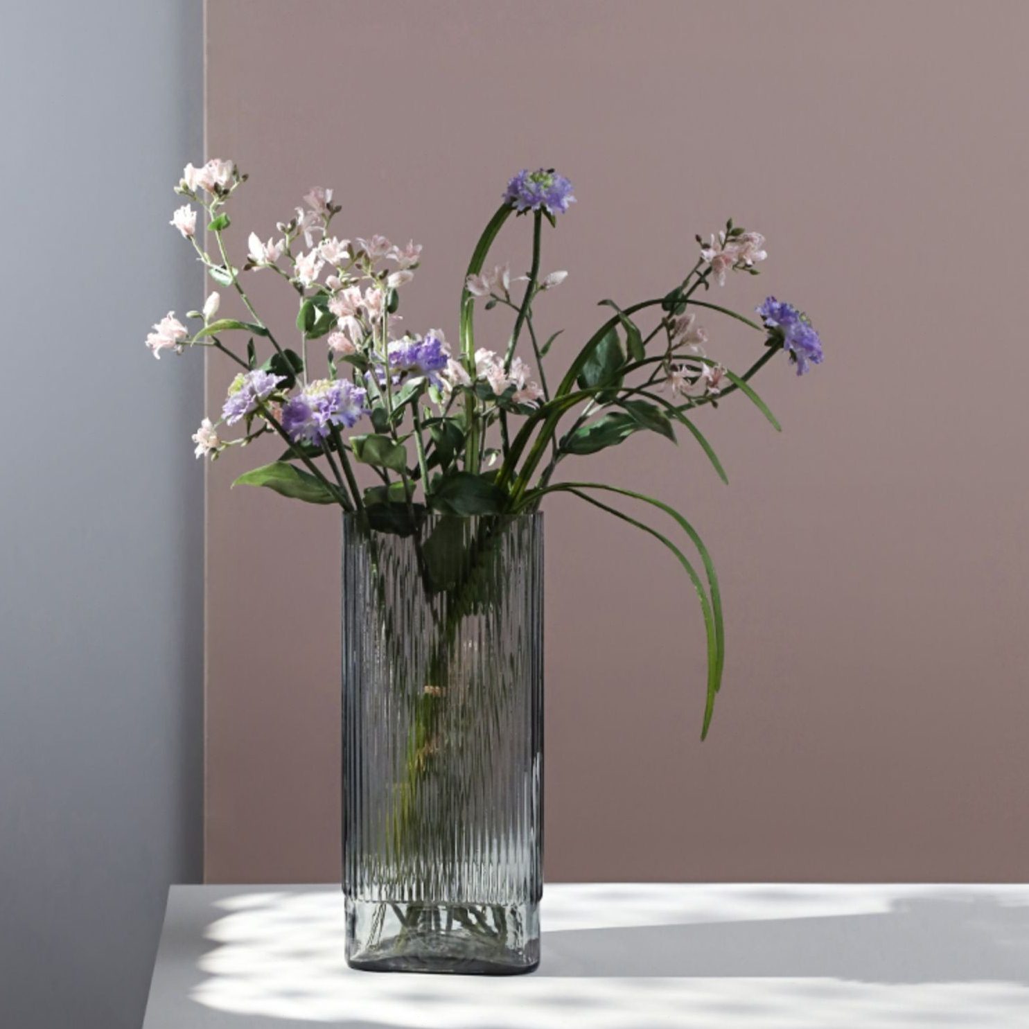 创意几何条纹玻璃花瓶摆件样板房客厅多边体造型插花瓶