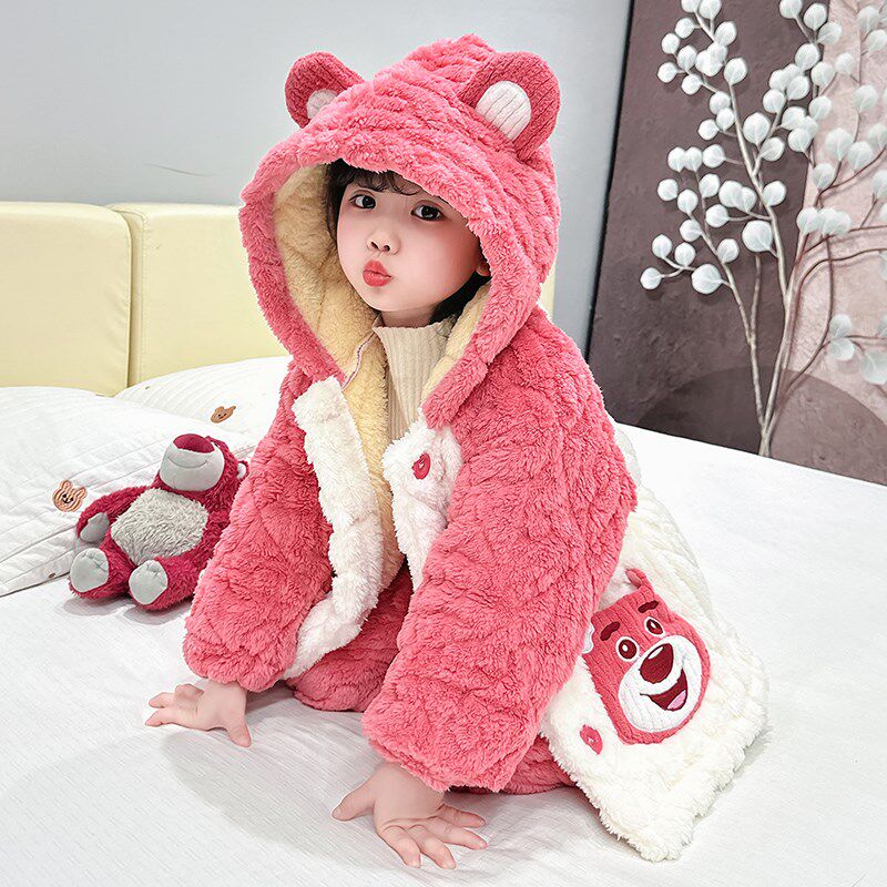 儿女童睡衣2025新款冬季三层夹棉加绒厚法兰绒珊瑚宝宝草莓熊女孩