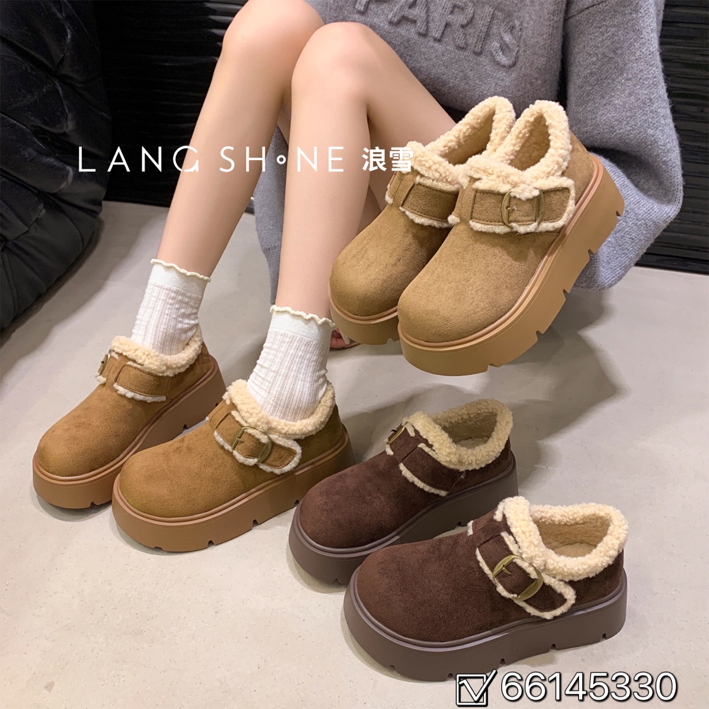 麂皮加绒勃肯鞋女厚底增高女鞋