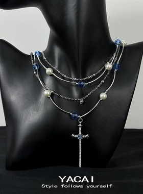 多层叠戴珍珠项链吊坠小众复古锁骨链蓝色圆珠拼接毛衣链