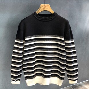 线衣 秋冬休闲毛衣男款 软糯细腻高品质复古撞色条纹圆领针织衫 男士