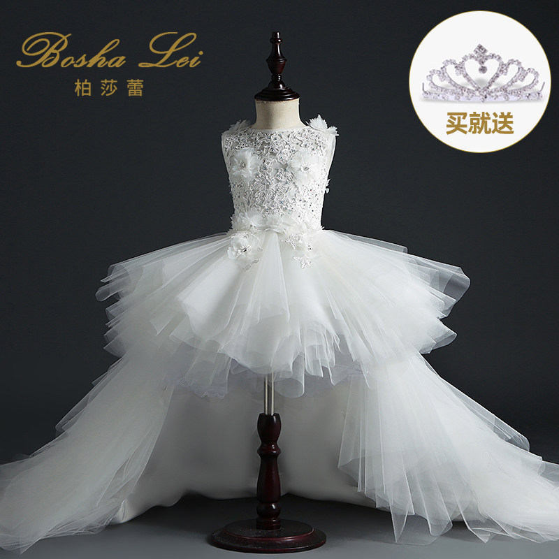 花童礼服女儿童婚纱女童公主裙白色蓬蓬纱走秀拖尾小主持人晚礼服
