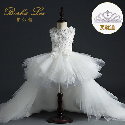 花童礼服女儿童婚纱女童公主裙白色蓬蓬纱走秀拖尾小主持人晚礼服