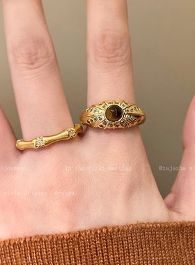 金色虎眼石开口戒指女轻奢高级感复古食指戒小众设计闺蜜百搭指环
