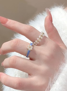 蓝色滴胶珍珠戒指女小众设计开口食指戒指女时尚个性法式尾戒指环