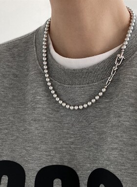 高级感灰色珍珠金属链条项链女小众复古个性简约百搭颈链锁骨链