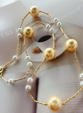 南洋母贝珍珠正圆强光浓金白色大小间隔注金锁骨项链时尚奢华 女