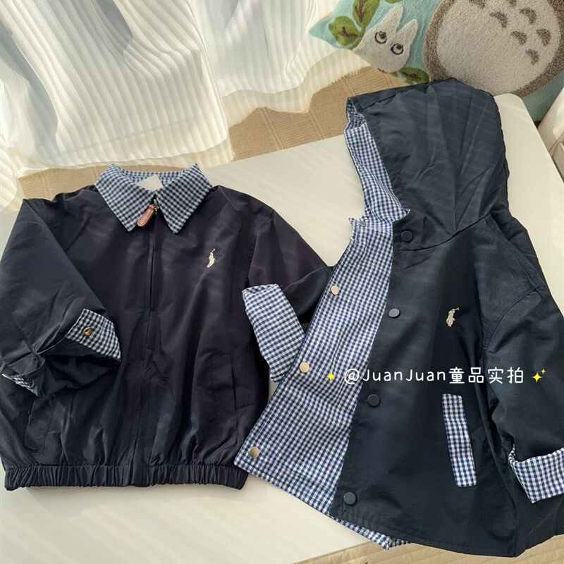 日系RL刺绣冲锋衣 男女童春秋款开衫上衣风衣宝宝纯色外套格子