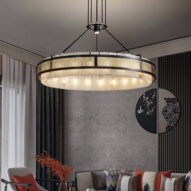 中山古镇展厅新中式全铜云石吊灯客厅灯别墅复式楼卧室餐厅灯复古