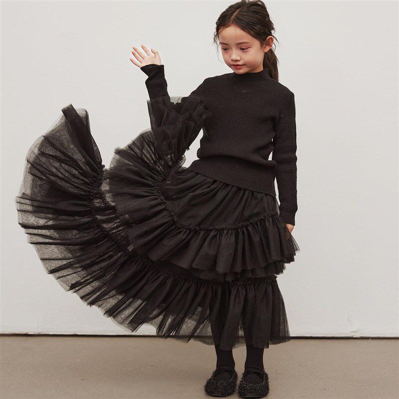 韩系童装女童气质蓬蓬纱黑色半身裙长款公主风蛋糕裙+针织衫毛衣
