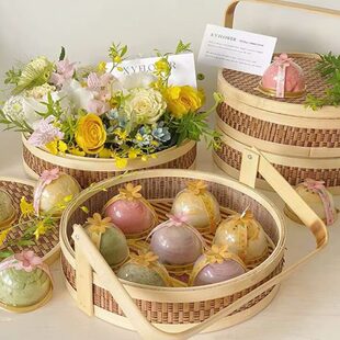 中秋节国风双层竹编手提月饼篮圆形月饼盒鲜花礼品盒手提篮