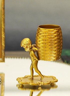美式复古天使背篓黄铜收纳摆件 小刀叉收纳棉签牙签收纳轻奢装饰