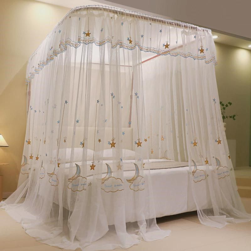 新款u型防尘窗帘布绣花可升降导轨加密轨道床幔家用落地式蚊帐