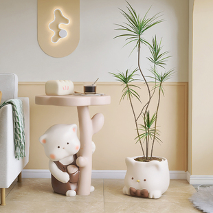 卡通小猫边几茶几客厅卧室儿童房床头柜奶油风电视沙发旁落地摆件