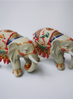 新款石湾陶瓷公仔中式家居饰摆件纯手工艺品礼物招财大象一对套装