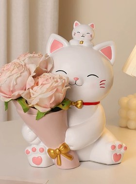 可爱捧花招财猫摆件客厅轻奢高档电视柜桌面装饰品生日礼物送女生