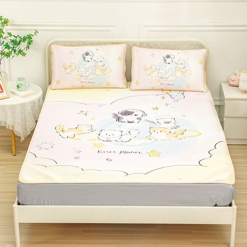 卡通可爱少女心猫咪宿舍单双人冰丝席三件套夏季凉感席子机洗凉席