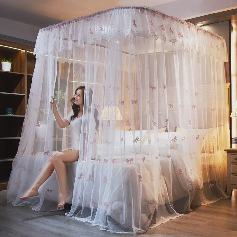 新款加密防尘窗帘布绣花导轨可升降u型轨道床幔家用落地式蚊帐