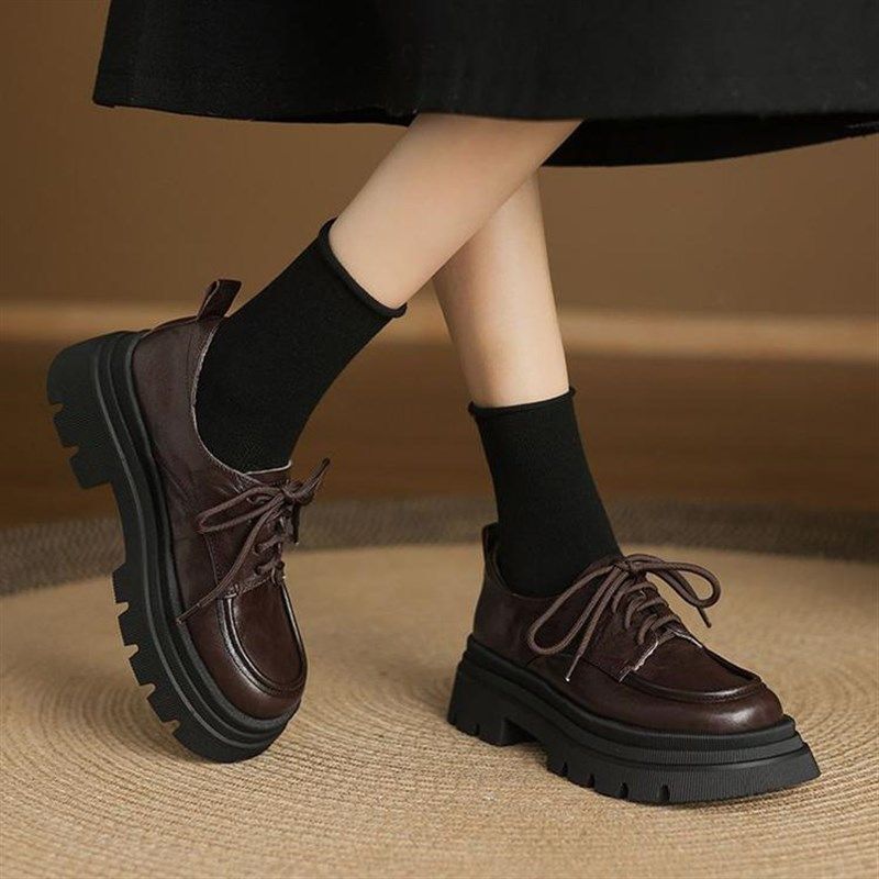 【原野定制】加绒英伦风厚底松糕小皮鞋女真皮冬高跟粗跟系带单鞋,女鞋,深口单鞋,淘宝优惠券,粉丝福利购,淘宝优惠卷