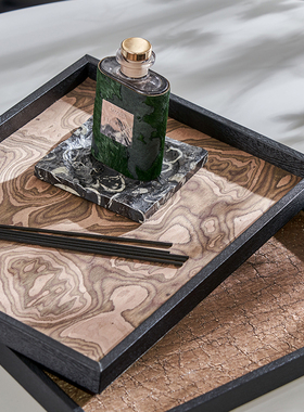 中古混搭风样板间玄关托盘软装组合客厅茶几实木托盘软装饰品摆件