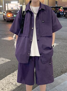 短袖衬衫男生夏季新款12学生潮牌衬衣短裤套装13青少年两件套15岁
