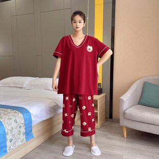 加大码 2022夏季 七分裤 睡衣女v领卡通纯棉短袖 胖mm200斤家居服 新款