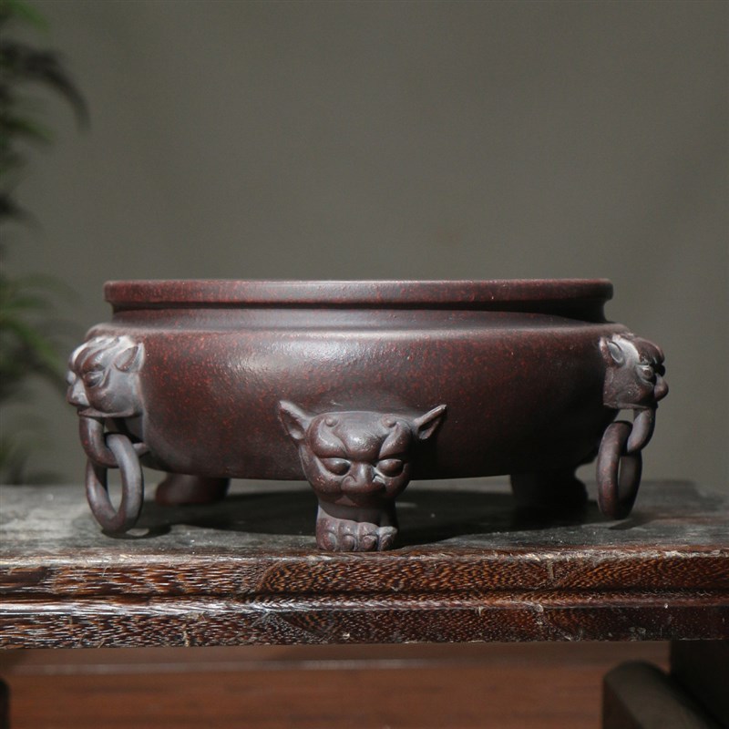 紫砂花盆鬼足三足兽面圆形猫x足古典盆景盆兽钮活动环精工手工茶