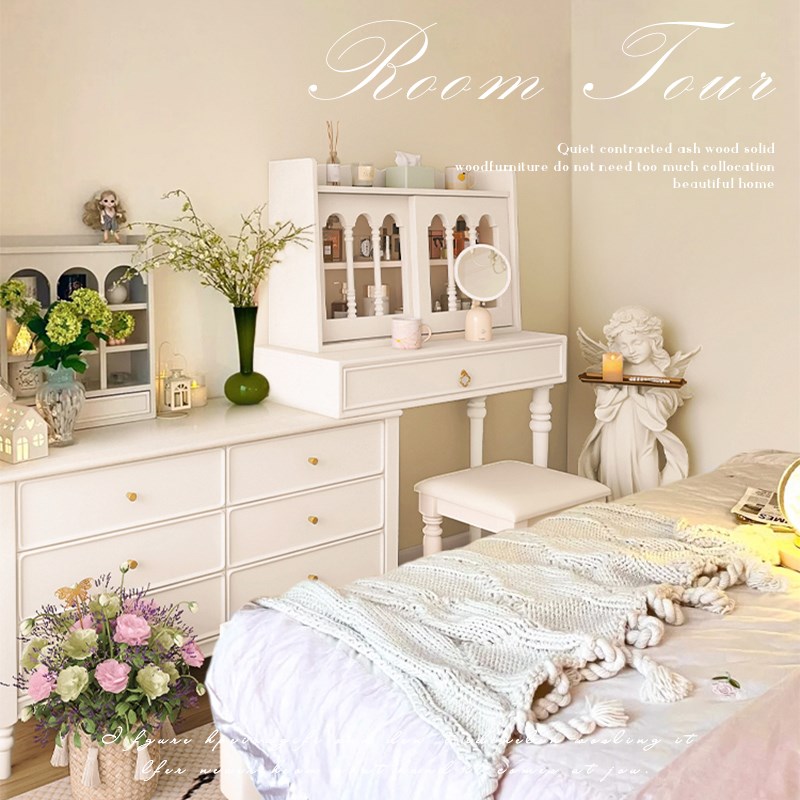 覆古法式实木化妆台斗柜一体白色转角G化妆桌奶油风卧室床尾收纳
