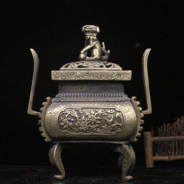 古玩收藏纯铜长方形四足双耳鼎炉狮子香炉檀香炉家居办公室摆件