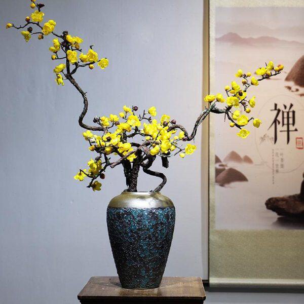 新中式现代轻奢复古陶瓷花瓶摆件客厅玄关酒店腊梅插花样板房装饰