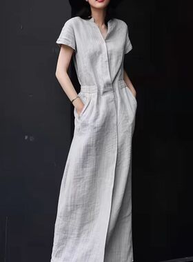 宽松大码亚麻连衣裙短袖气质高腰显瘦bf休闲学生棉麻衬衫过膝长裙