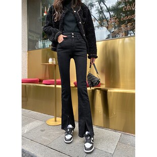 黑色加绒加厚微喇叭前开衩牛仔裤女冬季高腰拖地裤新款开叉喇叭裤