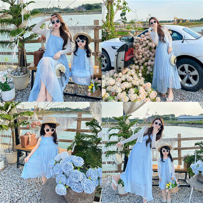 亲子装羽毛飘带仙女吊带裙夏季母女装连衣裙甜美风百褶裙海边度假