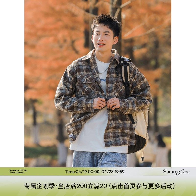 春季新款复古格纹潮流感衬衣男美式休闲百搭长袖翻领格子衬衫上衣,男装,衬衫,淘宝优惠券,粉丝福利购,淘宝优惠卷