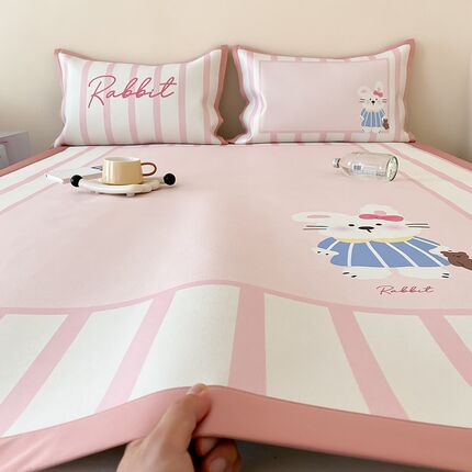 可爱粉色小兔女孩凉席三件套A类冰丝席可机洗1.5m1.8床空调席软席