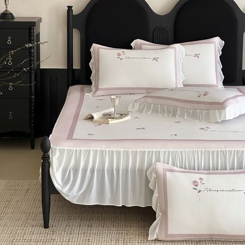 法式公主风!A类母婴级凉感冰丝凉席三件套床裙可机洗空调席粉色