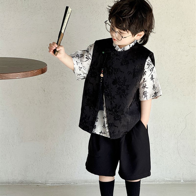 男童国潮风短袖衬衫马甲两件套2024夏中式中国风儿童走秀礼服套装