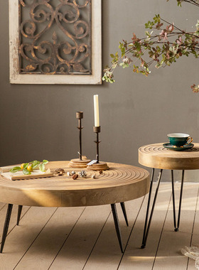 侘寂风客厅沙发实木茶几民宿复古做旧网红小圆桌小户型家居边角几