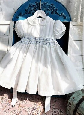 法式女童2024夏季新款白色高级感手工刺绣连衣裙女宝宝礼服公主裙