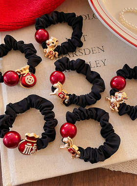 2026新年金色小马发圈红色水钻头绳女创意文字发饰高端扎头发皮筋