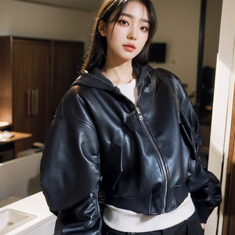 皮衣外套女2023年冬季韩版两穿黑色连帽街头机车风短款皮夹克棉服