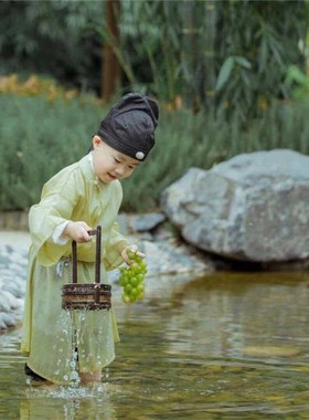 儿童汉服男童古装中国风唐装宝宝周岁礼服套装男孩国学少年游黄色