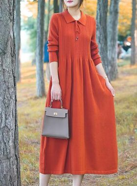 高档连身裙女洋派长版过膝针织毛衣衣裙2023年秋冬新款中年打底裙