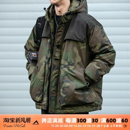 冬季美式复古迷彩连帽工装羽绒服男潮牌宽松户外登山加厚保暖外套